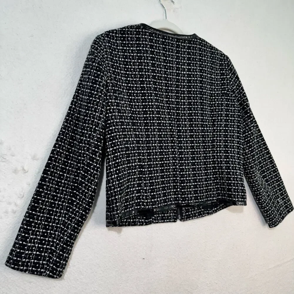 Michael Kors Black White Wool Tweed Blazer Jacket Patent Leather Trim Petite 12